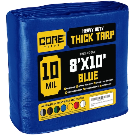 Core Tarps Heavy Duty Tarp, 10 ft L x 0.5 mm H x 8 ft W, 10 Mil, Blue, Polyethylene CT-605-8X10